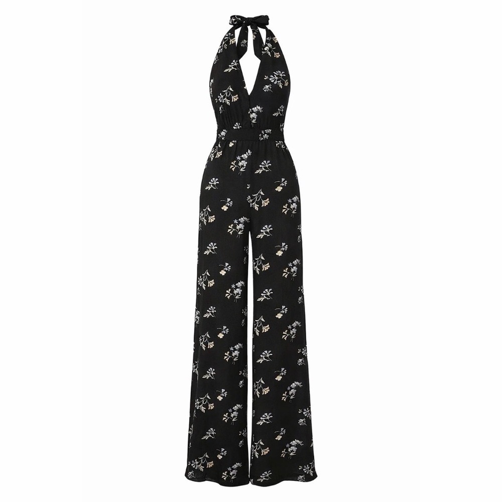 Abercrombie & Fitch Floral Halter Wide Leg Jumpsuit XXSP petite Black Tie Neck